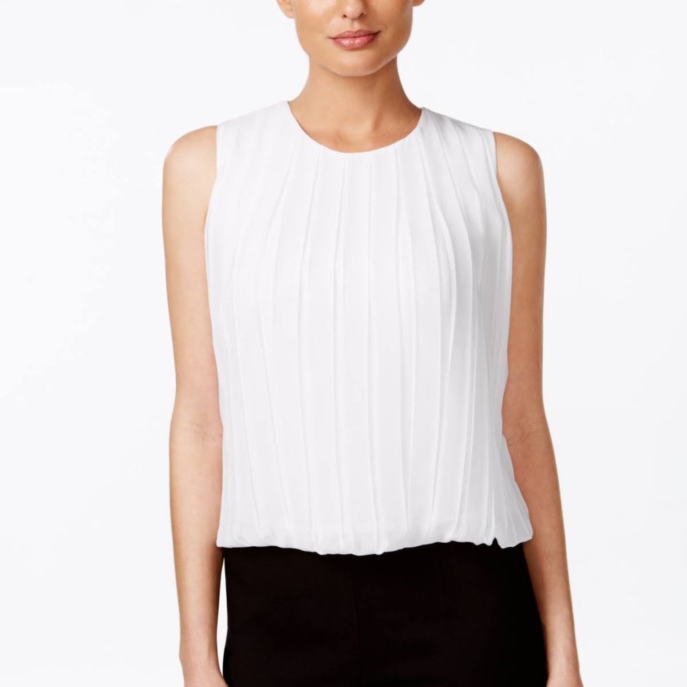 Calvin Klein Women's White Solid Pleated Bubble Sleeveless Cami Blouse